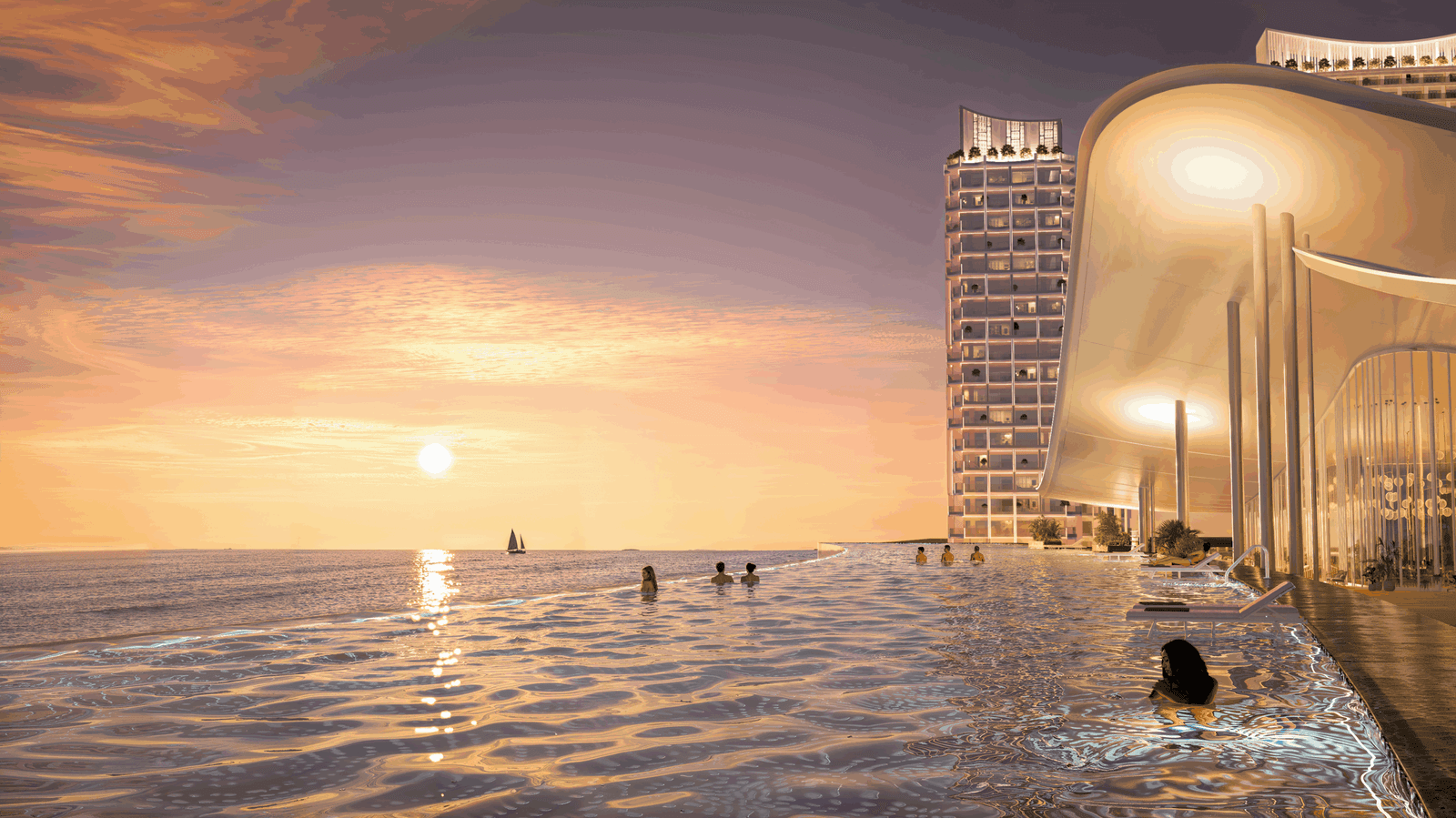 Luxurious infinity pool overlooking the sea at Blanca City by Sun Group during a stunning sunset, featuring modern architecture and scenic ocean views.