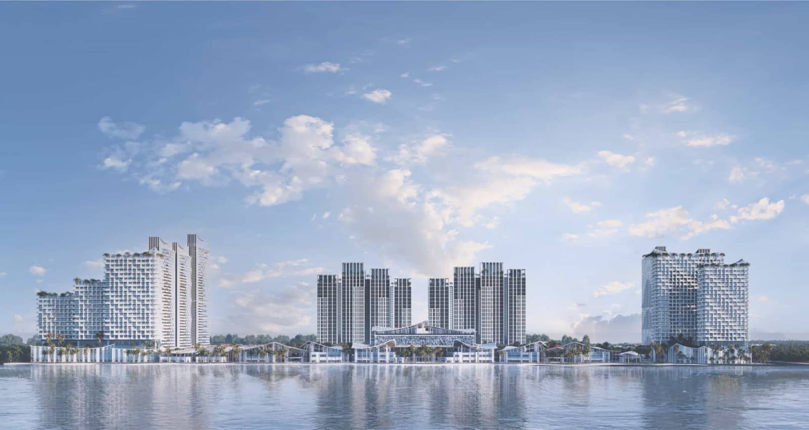 Elegant modern residential and commercial complex on the waterfront with striking architectural design and lush rooftop gardens, part of Blanca City by Sun Group in Vietnam.